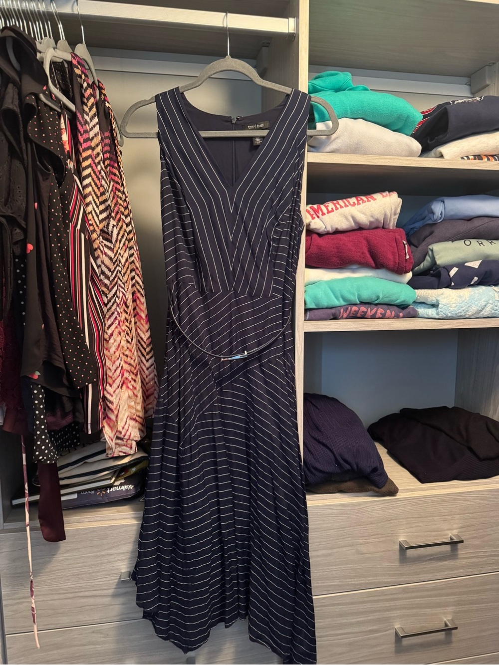 White House Black Market Navy and White Striped Asymmetrical Maxi Dress